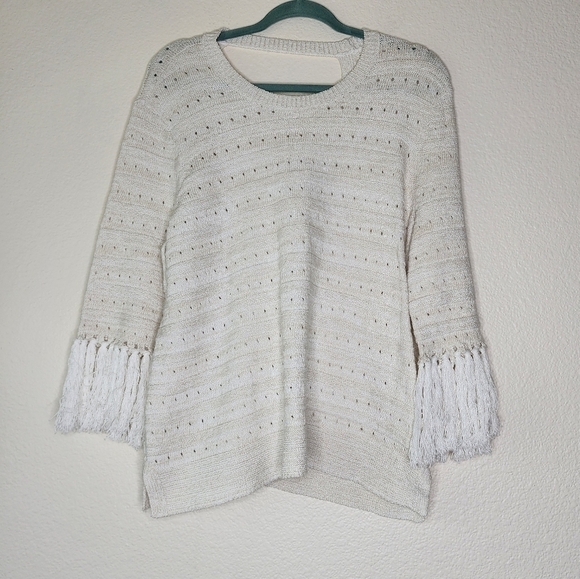 Nic+Zoe Cream Open Knit Fringe Crew Neck Sweater XL - Picture 3 of 5